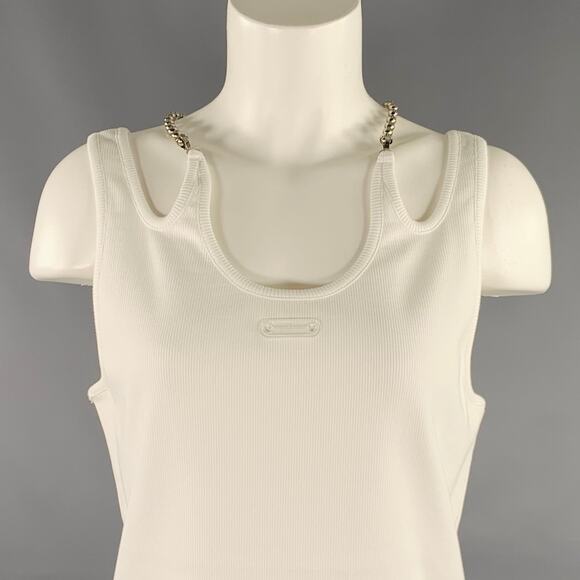 PRIVATE POLICY Size L Ball Chain White Cotton Blend Ribbed Tank Casual Top - Picture 2 of 9